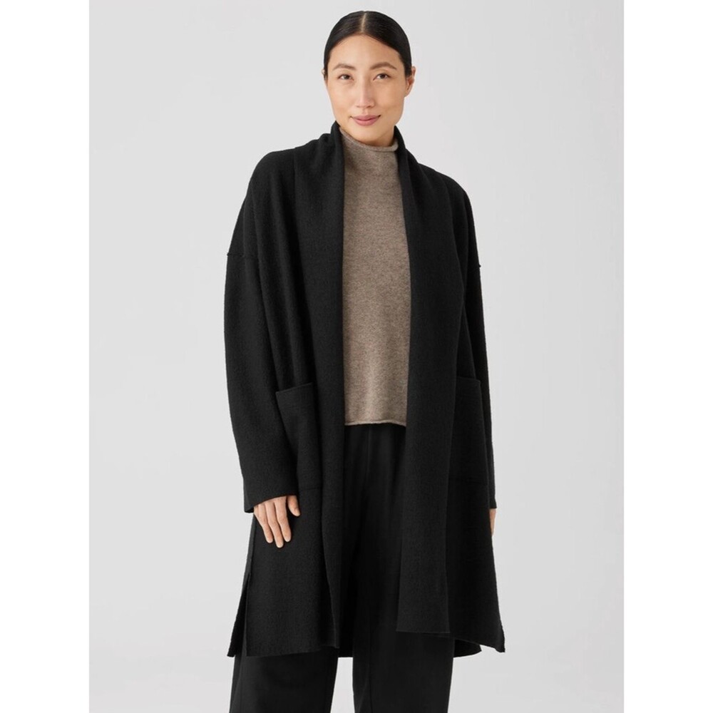 Eileen Fisher Black Boiled Wool Minimalist Classic Chic Long Cardigan Sweater